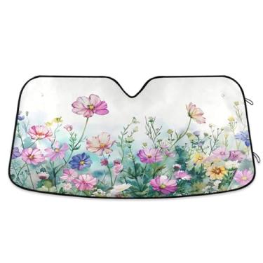 Imagem de ATTX Para-brisa de carro para jardim de verão em aquarela 144.8 cm x 80.0 cm Protetor solar universal com proteção UV, persiana de janela frontal automática dobrável para caminhões Sedans SUVs #257