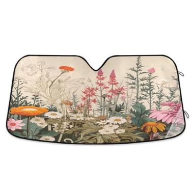 Imagem de ATTX Guarda-sol para para-brisas de carro Herbal Wildflowers 134.6 cm x 59.7 cm Protetor solar universal com proteção UV, persiana de janela frontal automática dobrável para caminhões Sedans SUVs #686