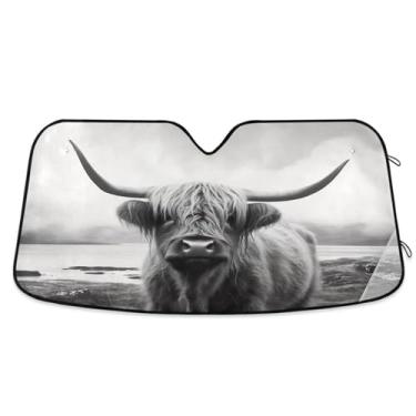 Imagem de ATTX Guarda-sol engraçado Highland Cow Car Para-brisa 144.8 cm x 80.0 cm Protetor solar universal com proteção UV, persiana de janela frontal automática dobrável para Sedans SUVs caminhões #424