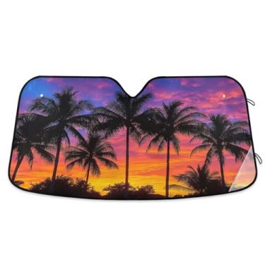 Imagem de ATTX Palmeiras de coco pára-brisas de carro 139.7 cm x 70.1 cm escudo solar universal com proteção UV, persiana de janela frontal automática dobrável para caminhões Sedans SUVs #367