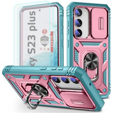 Imagem de Capa para Galaxy S23 Plus, capa para Galaxy S23 Plus com 3 peças de protetor de tela de vidro temperado embutido com suporte de anel + capa para câmera, capa protetora de corpo inteiro de TPU macio de