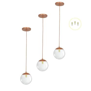 Imagem de Kit 3 Pendentes Jabuticaba Cobre Bola Globo De Vidro + Led V