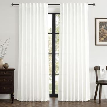 Imagem de Cortinas transparentes brancas puras de 246 cm de comprimento para sala de estar/jantar, decoração costeira moderna, filtragem de luz, cortinas plissadas texturizadas com ganchos, conjunto de 2