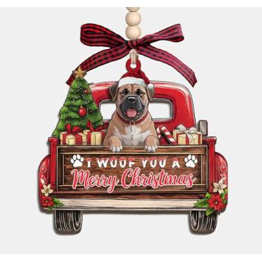 Imagem de Enfeite de madeira "I Woof You A Merry Christmas" – Caminhão de Natal com cão touro mastim 3 camadas, enfeite de lembrança de madeira, presentes para mulheres, homens, amantes de animais de estimação
