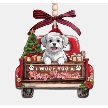 Imagem de Enfeite de madeira I Woof You A Merry Christmas - Caminhão de Natal com cachorro maltês 3 camadas, enfeite de lembrança de madeira, presentes para mulheres, homens, amantes de animais de estimação e