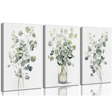 Imagem de 3 peças de arte de parede em tela botânica verde sálvia folhas de eucalipto pintura imagem decoração de parede planta aquarela pôster impressão arte para sala de estar, quarto, banheiro, decoração de