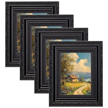 Imagem de eletecpro Conjunto de 4 porta-retratos 3x4, molduras vintage ornamentadas com vidro, moldura gótica rústica exibe fotos 3x4 para mesa, preto