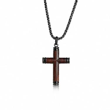Imagem de Colar de cruz de madeira preta para homens, colares masculinos de cruz de aço inoxidável, colar havaiano feito à mão com cruz de madeira e pingente de crucifixo de aço inoxidável cristão para homens