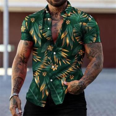Imagem de Camisa Masculina Estilo Havaiano Com Estampa De Flores Pretas E Dourad