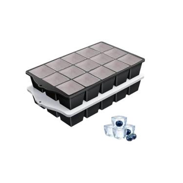 Imagem de Bandejas de gelo para freezer, 2 unidades de bandeja de gelo slicone de liberação fácil com tampa, moldes de gelo flexíveis empilháveis sem BPA, 15 cubos de gelo quadrados reutilizáveis para uísque