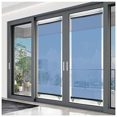 Imagem de uhyOHF Pacote com 2 cortinas de porta de vidro para o verão, espelho unidirecional e persiana de rolo transparente com ventosas, persianas de janela de privacidade diurna (azul-29 x 59 polegadas/73 x