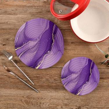 Imagem de CEBUGI Conjuntos de suportes de panela redondos de algodão para panelas quentes resistentes ao calor para cozinhar e assar, 2 peças, padrão de mármore roxo