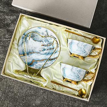 Imagem de Xícaras de café de cerâmica, conjunto de canecas de café de porcelana de luxo vintage estilo europeu, com xícara de café, pires, colher de chá, conjunto de chá da tarde para festa de café (C)