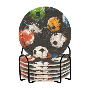 Imagem de Wassud Porta-copos com suporte de bolas de futebol conjunto de porta-copos de tecido absorvente para decoração de casa, proteção de mesa, 6 peças