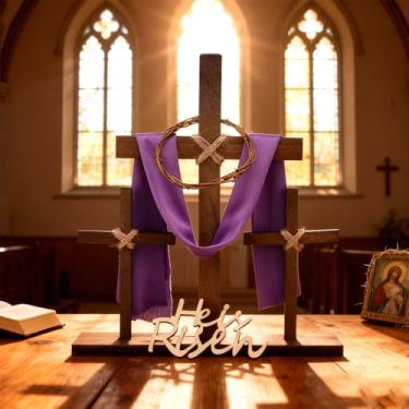 Imagem de Yerliker Decoração de cruz de páscoa cruz de madeira com base lenço roxo coroa de espinhos e pregos, centro de mesa de batismo decorativo para mesas, igreja, presente religioso (cristão)