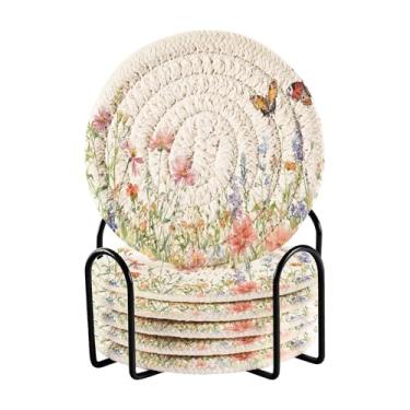 Imagem de SEHANY Elegante conjunto de 6 porta-copos de flores de borboleta com suporte, porta-copos redondos absorventes de algodão resistente ao calor para mesa de jantar, canecas de café, 10 cm