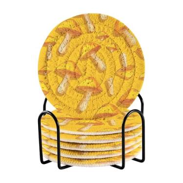 Imagem de SEHANY Conjunto de 6 porta-copos de cogumelos florestais com suporte, porta-copos redondos absorventes de algodão resistente ao calor para mesa de jantar, canecas de café, 10 cm
