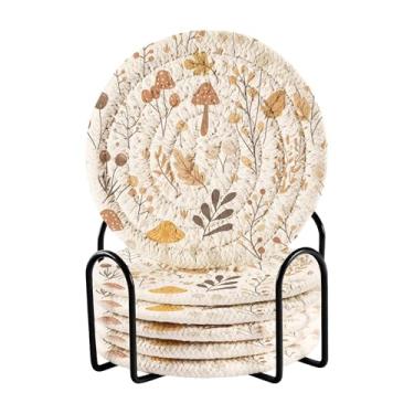 Imagem de SEHANY Conjunto de 6 porta-copos de cogumelos florestais com suporte, porta-copos redondos absorventes de algodão resistente ao calor para mesa de jantar, canecas de café, 10 cm