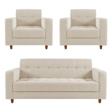 Imagem de Sofá 2 Lugares E 2 Poltronas Pé Madeira Castanho Arezo Linho Bege D01 - D`rossi