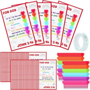 Imagem de Fuyoooo 48 Set Religious Valentine's Day Gift Bible Card with Stackers Crayons Love Heart Shape Crystal Clear Tape for Kid Classmates Sunday School Gift Valentine Classroom Exchange Party Favor Vbs