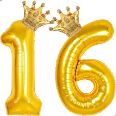 Imagem de 16 balões com números dourados de 101,6 cm para decorações de aniversário de 16 anos para meninas e meninos, balões gigantes de Mylar de 16 anos