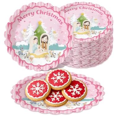 Imagem de FIONUPI 50 peças de pratos de papel de presépio de Natal, 23 cm, laço rosa, louça, utensílios de mesa, pratos de papel descartáveis para Natal, inverno, artigos religiosos para festas de Natal