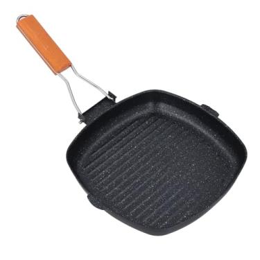 Imagem de TOPINCN Panela para Grelhar Maifan Stone, Grelha Quadrada Antiaderente Com Alça de Madeira Dobrável para Cozinhar Em Ambientes Internos, Frigideira para Grelhar para Fogão a Gás e