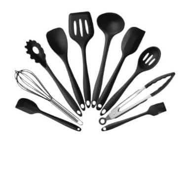 Imagem de Kit 10 Utensílios de Cozinha Silicone Resistente ao Calor | Espátula, Colher, Concha e Pegadores Sem BPA(preto)