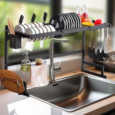 Imagem de Bvx Escorredor de Louças Suspenso, Aço Inoxidável Preto, 65x31.5x52cm, Alta Capacidade, Design Ergonômico, Manual, Organização de Talheres e Pratos