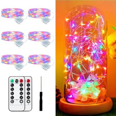 Imagem de Pacote com 6 luzes de fadas operadas por bateria com controle remoto de 2 metros, 20 LEDs, mini cordão de luzes cintilantes, à prova d'água, 8 modos de luzes de lua estrelada de vaga-lume para potes