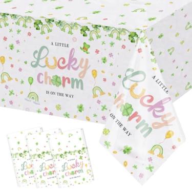 Imagem de MEHOFOND Pacote com 3 toalhas de mesa para chá de bebê do Dia de São Patrício, plástico descartável, pingente A Little Lucky está a caminho, toalha de mesa retangular 137 x 274 cm, capa de mesa de