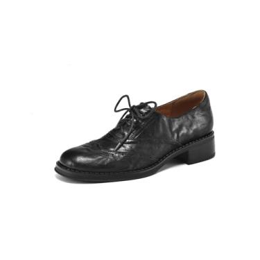 Imagem de TinaCus Sapato Oxford feminino de couro legítimo, bico redondo, confortável, escritório, negócios, casual, Preto, 35