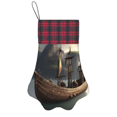 Imagem de SKKNT Meias de Natal com estampa de navio pirata nórdico, animais de estimação, decoração de Natal, cães, gatos, árvores, doces, presente, conveniente