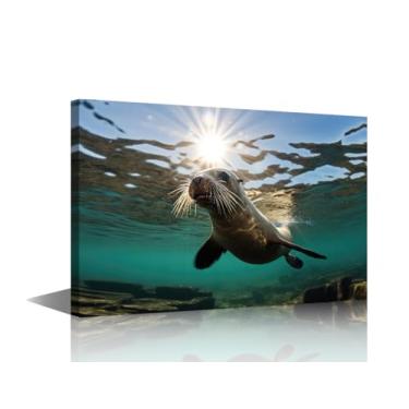 Imagem de TUMOVO Pinturas de parede para sala de estar banheiro leão marinho selo moderno escritório parede arte subaquática animal decoração de parede tema oceano arte de parede para quarto 1 painel decoração