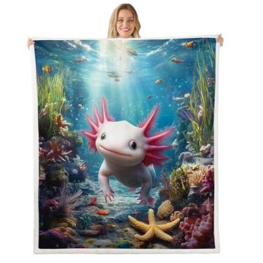 Imagem de Erosebridal Cobertor de cama infantil Axolotl de desenho animado fofo animal do oceano 3D 101 cm x 127 cm cobertor de lã para meninas e meninos, cobertor de lã de ovelha axolote de vida selvagem