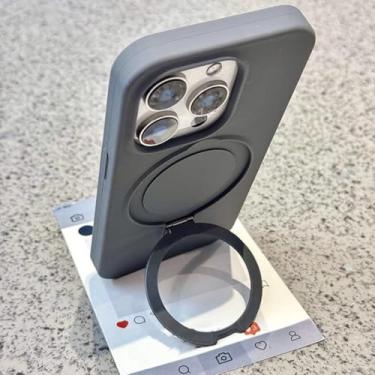 Imagem de IRTGFG Capa de silicone líquido luxuosa com suporte em anel magnético fosco e macio para iPhone 16 Pro Max (para iPhone 16 Pro Max/cinza)