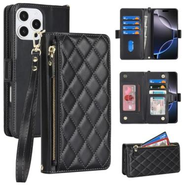 Imagem de Jaorty Capa carteira flip compatível com iPhone 16 Pro Max para Apple 16 Pro Max couro PU preto, losango para mulheres e homens, bolso com zíper, suporte, alça de pulso, porta-cartão, 17,5 cm