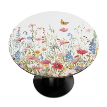 Imagem de Toalha de mesa redonda com elástico, borboletas silvestres da primavera, toalhas de mesa redondas limpáveis, à prova d'água, capa circular para sala de jantar, cozinha, pátio, acampamento, piquenique