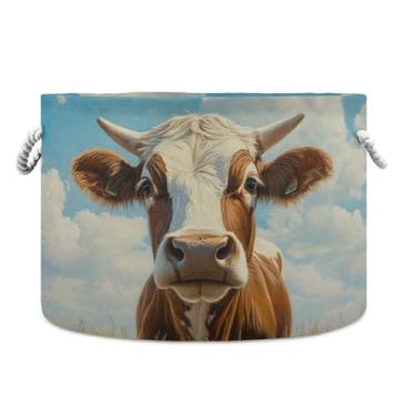 Imagem de JUZIHAI Cesta de armazenamento dobrável de vaca engraçada para bebê, cesto de roupa suja, cobertor com alças de corda de algodão, caixa de brinquedos dobrável, organizador de armário para quarto