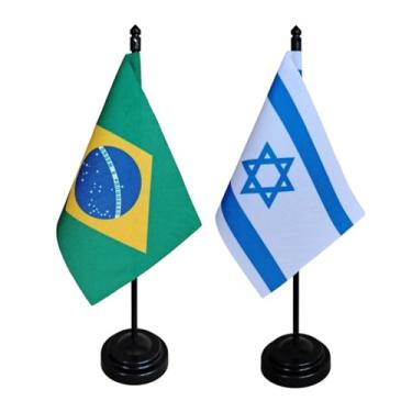Imagem de Kit Bandeira de Mesa Brasil e Israel, 26cm Altura, 18x11cm, Tecido Oxford, Base Plástica, Decoração para Escritório, Eventos, Escolas