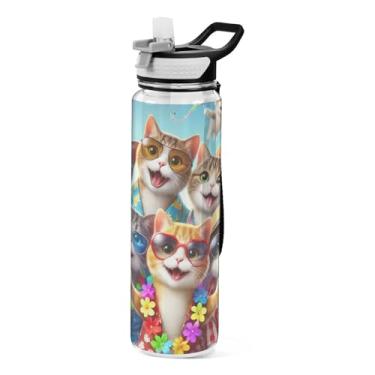 Imagem de ODAWA Garrafa esportiva Funny Animals Cute Cats com canudo e alça 946 ml Garrafa de água transparente Tritan 1 litro