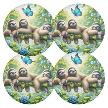 Imagem de Jogo americano de fazenda verde com flores preguiça, conjunto de 4 jogos americanos circulares de PVC, tapetes de mesa de jantar de 38 cm à prova de calor para festa de Natal