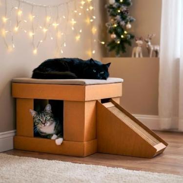 Imagem de Casa para Gato com 2 Arranhadores e Rampa – Toca 2 em 1 Modelo Kubo com Almofada