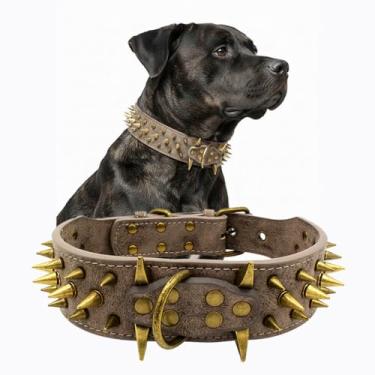 Imagem de Coleira para cachorro UVONOKAY Sharp Spiked Studded - Coleiras para cachorro de couro estilosas - serve para cães de porte médio e grandeUVONOKAY S(15.4"-20" total 22") cinza