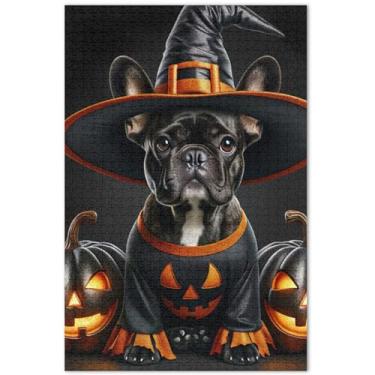Imagem de Quebra-cabeça personalizado buldogue abóbora preto para adultos 1000 peças engraçadas divertidas bobas exclusivas para adultos cenário arte floral, 75 x 40 centímetros