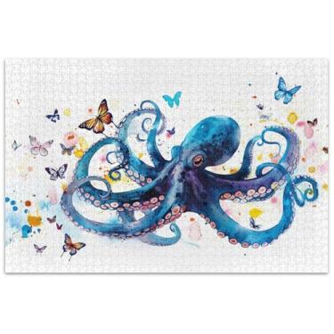 Imagem de Quebra-cabeça adulto aquarela polvo azul 500 peças arte floral pintura arte quebra-cabeça família elefante branco presentes