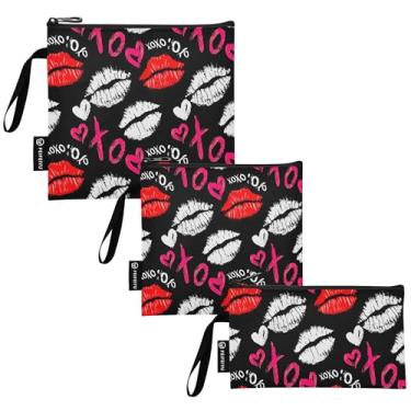 Imagem de Batom vermelho branco preto desenho animado reutilizável lanche sanduíche bolsa lavável armazenamento de alimentos com zíper para crianças e adultos (conjunto de 3: P/M/G)