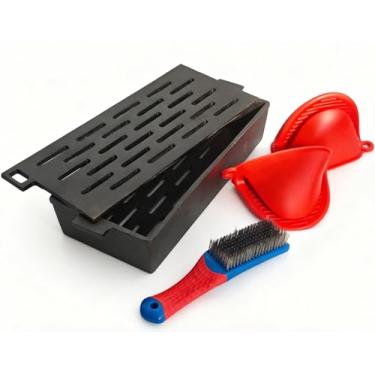 Imagem de Caixa de defumador de ferro fundido - Caixa de defumador para lascas de madeira com luvas de silicone e escova de limpeza, rack 2 em 1 e bandeja para churrasqueiras a carvão e gás (pequena)