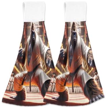 Imagem de TSENQUE Gorilla Karate Toalhas de mão personalizadas engraçadas com laço de pendurar toalhas de gravata de forno absorventes toalhas de mão de cozinha conjunto decorativo de 2, 18,2 x 14 polegadas