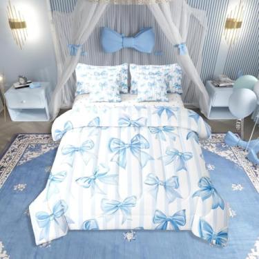 Imagem de Erosebridal Jogo de cama queen com laço azul fofo azul e branco, para crianças, meninos e meninas, adolescentes, conjunto de lençol geométrico, listrado com estampa de princesa, azul e branco